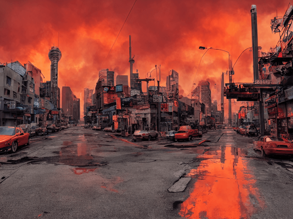AI generated: city street view with one tall antenna tower in the center with smoke and small fire ,garbage with f...