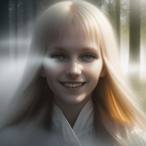 AI generated: fog, reflection, sun rays, young happy Estonian woman close up portrait. National geographic image, ...