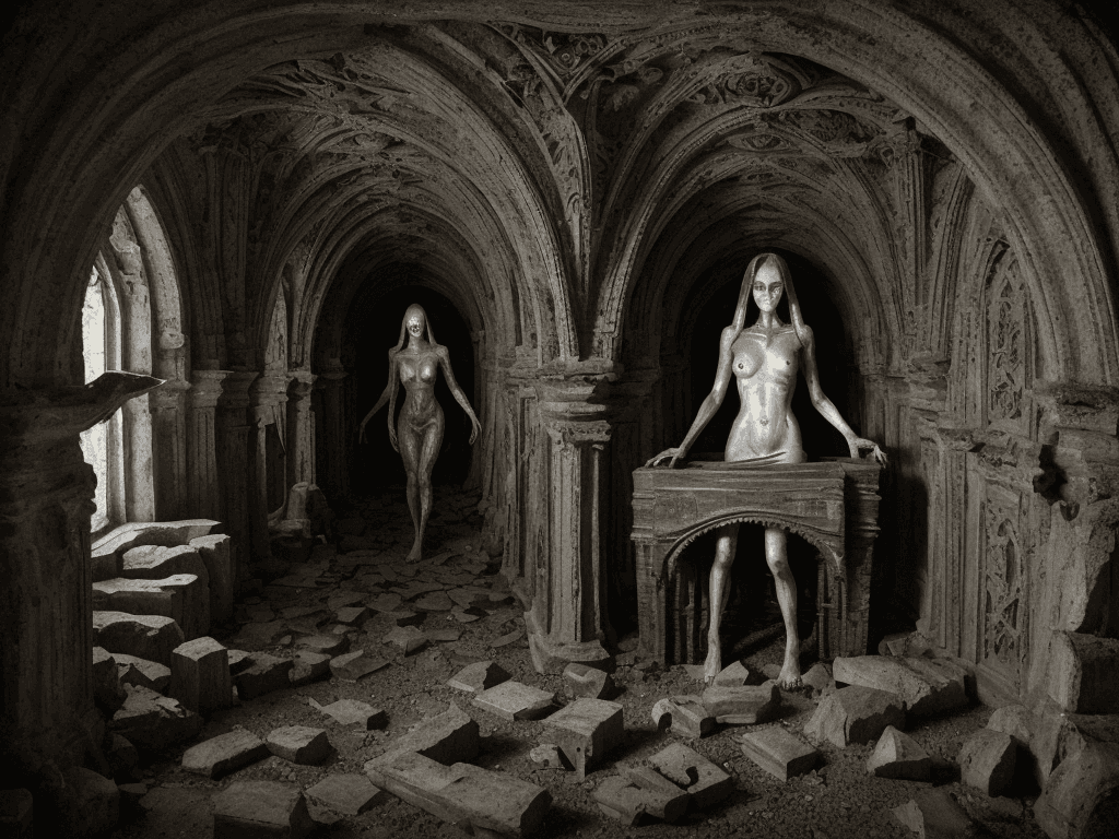 AI generated: The image depicts a mysterious and eerie scene set in an old stone crypt, reminiscent of those found...