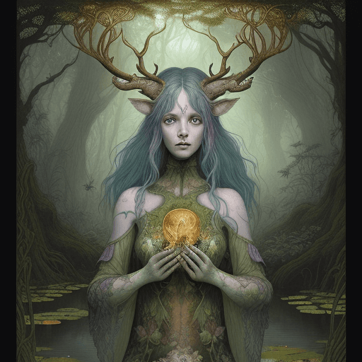 AI generated: a symmetrical watercolor as-above-so-below that features An ancient forest grows around a mystical p...