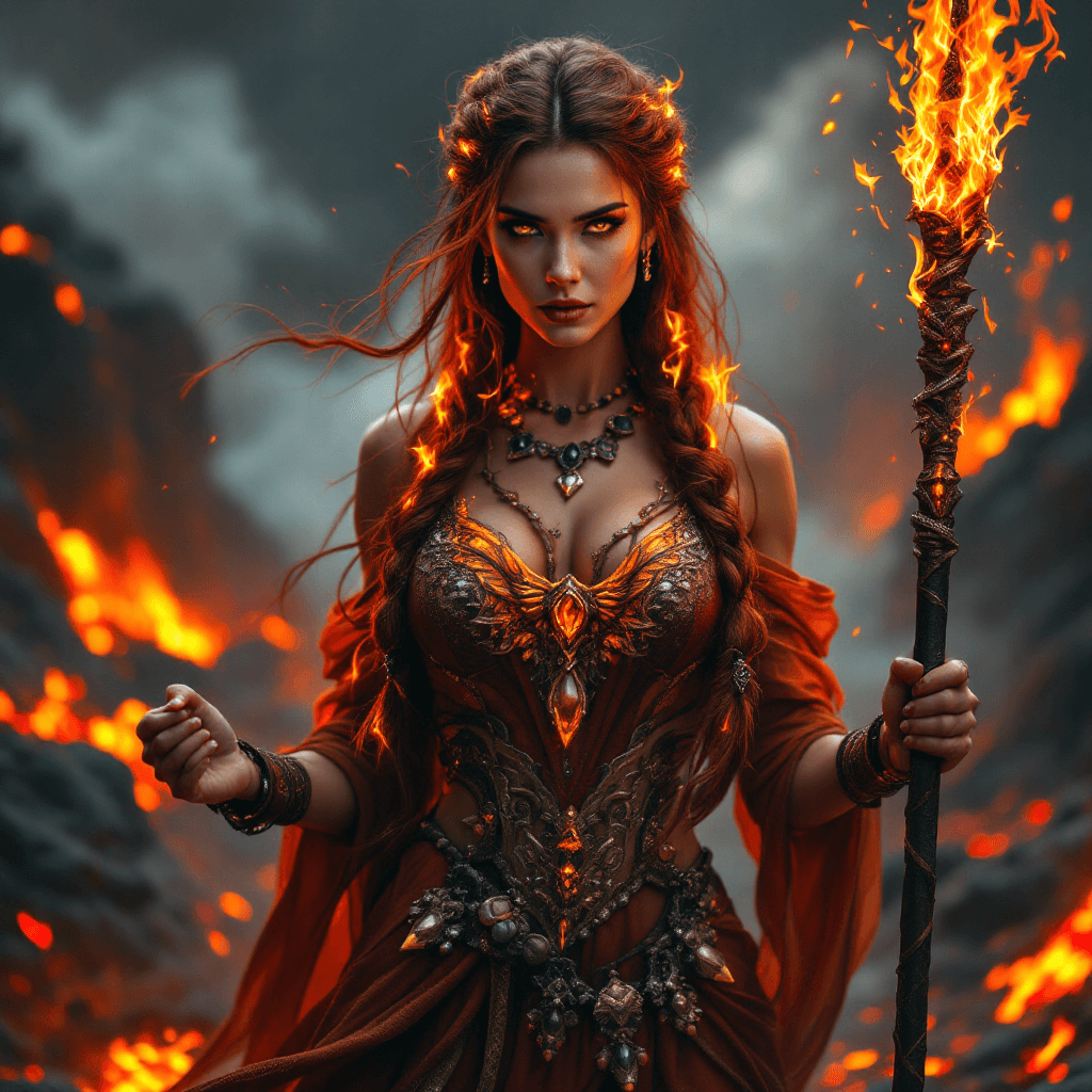 AI generated: A powerful woman with long, dark auburn hair, often styled in intricate braids adorned with glowing ...