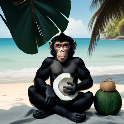 AI generated: a monkey with a green coconut, black body and white chest sitting on a beach looking at the ocean
