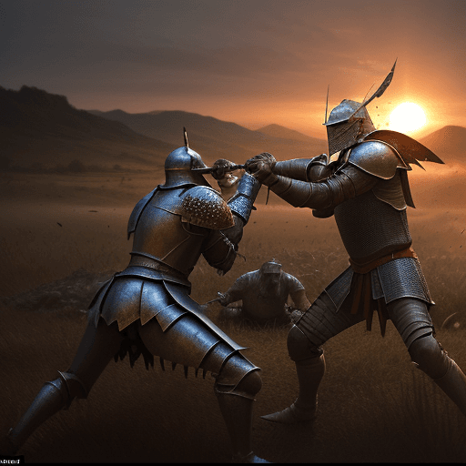 AI generated: film-still shot of a medieval battle, where in front knight and a lizardman are fighting each other,...