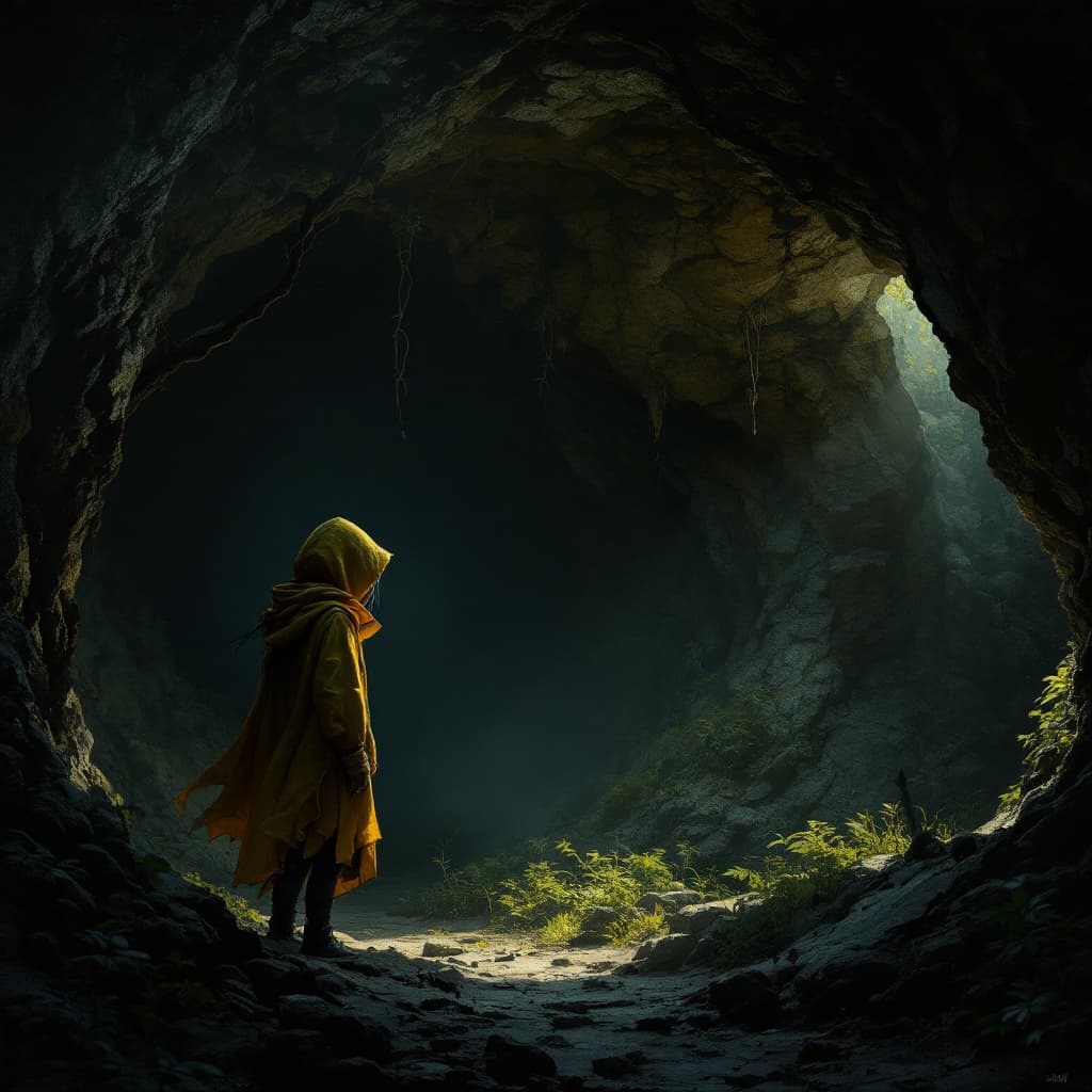AI generated: A gril standing in the dark , in front of her cave , she is wearinh a yellow jaket . dakish theme fo...