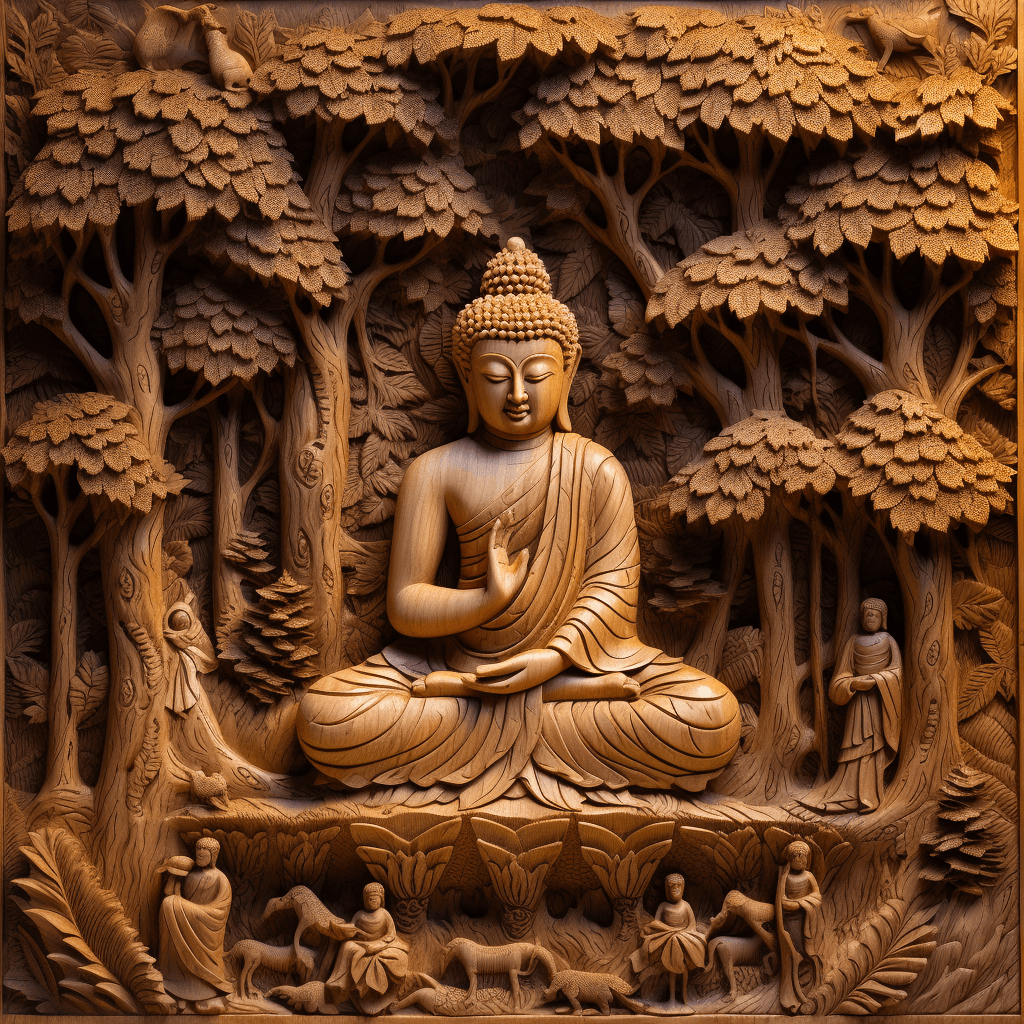 AI generated: buddha in the temple, Wood carving relief sculpture, wildlife carving, Wood grain texture, vivid and...
