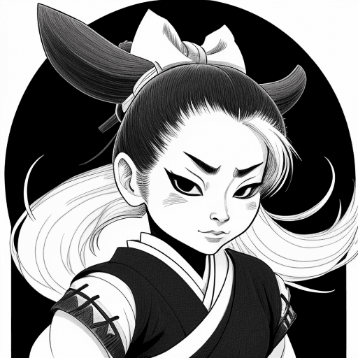 AI generated: female goat samurai, stan sakai style, with a bow, black and white