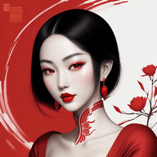AI generated: Chinese ink style portrait of Chinese photographer Zhang Jingna, wearing a red dress and red lipstic...