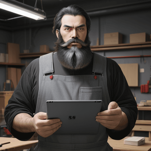 AI generated: man with a semi-long black  beard and trimmed hair wearing an red and gray overall in a workshop hol...