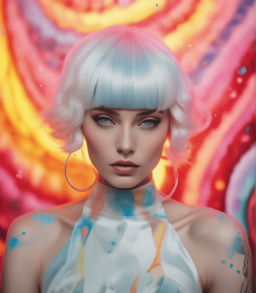 AI generated: arafed woman with white hair and blue wig in front of a colorful background, psychedelic colorizatio...