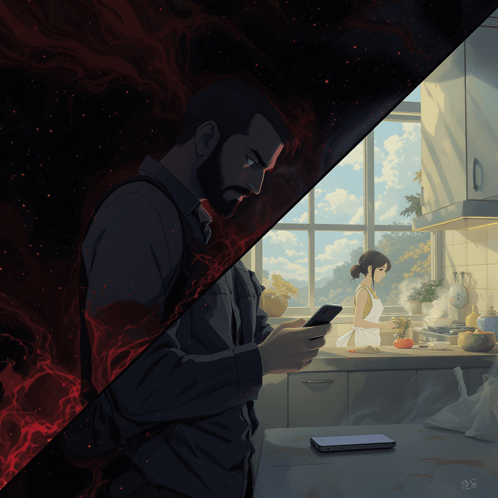 AI generated: An anime-style, cinematic key visual with a dramatic diagonal line dividing the composition from the...