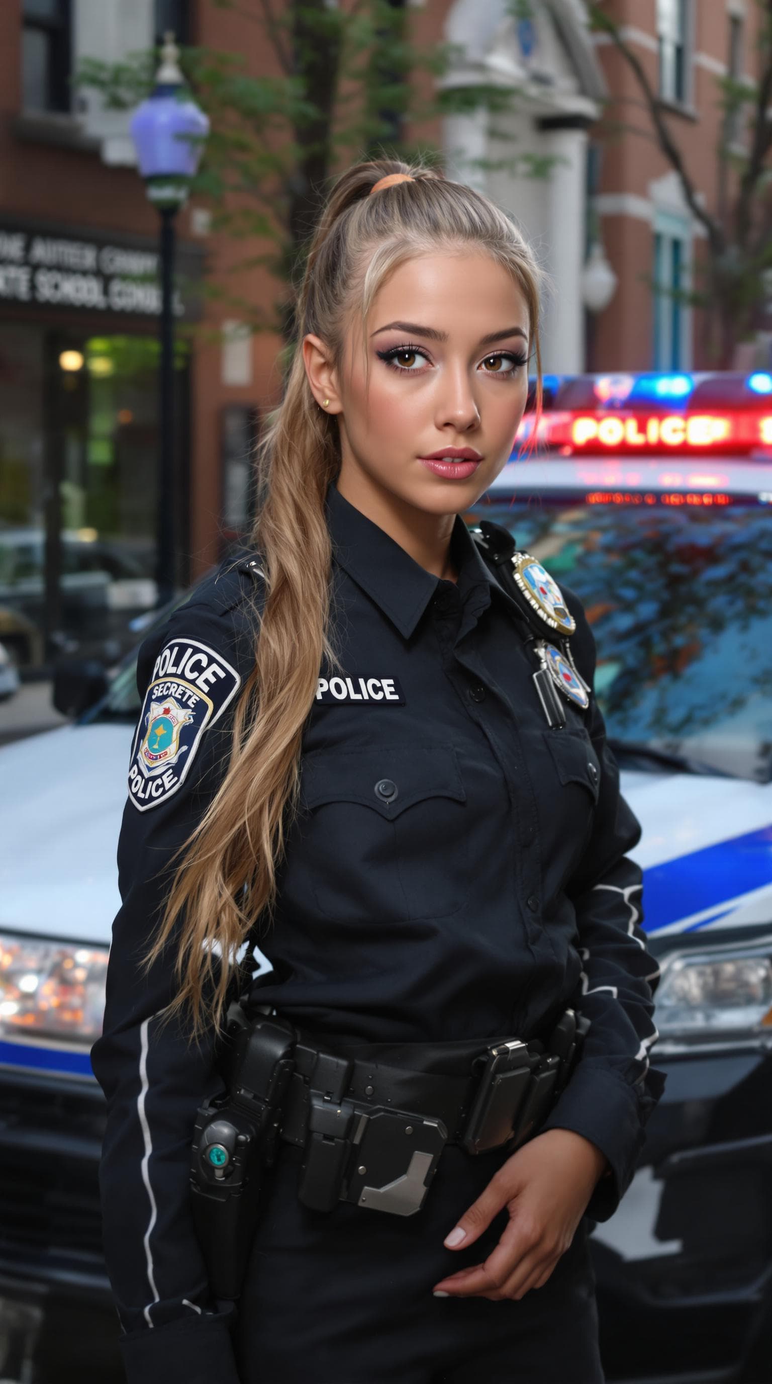 AI generated: a professional photo of a exceptionally of the most beautiful (age 7) Chicago police officer, (futur...