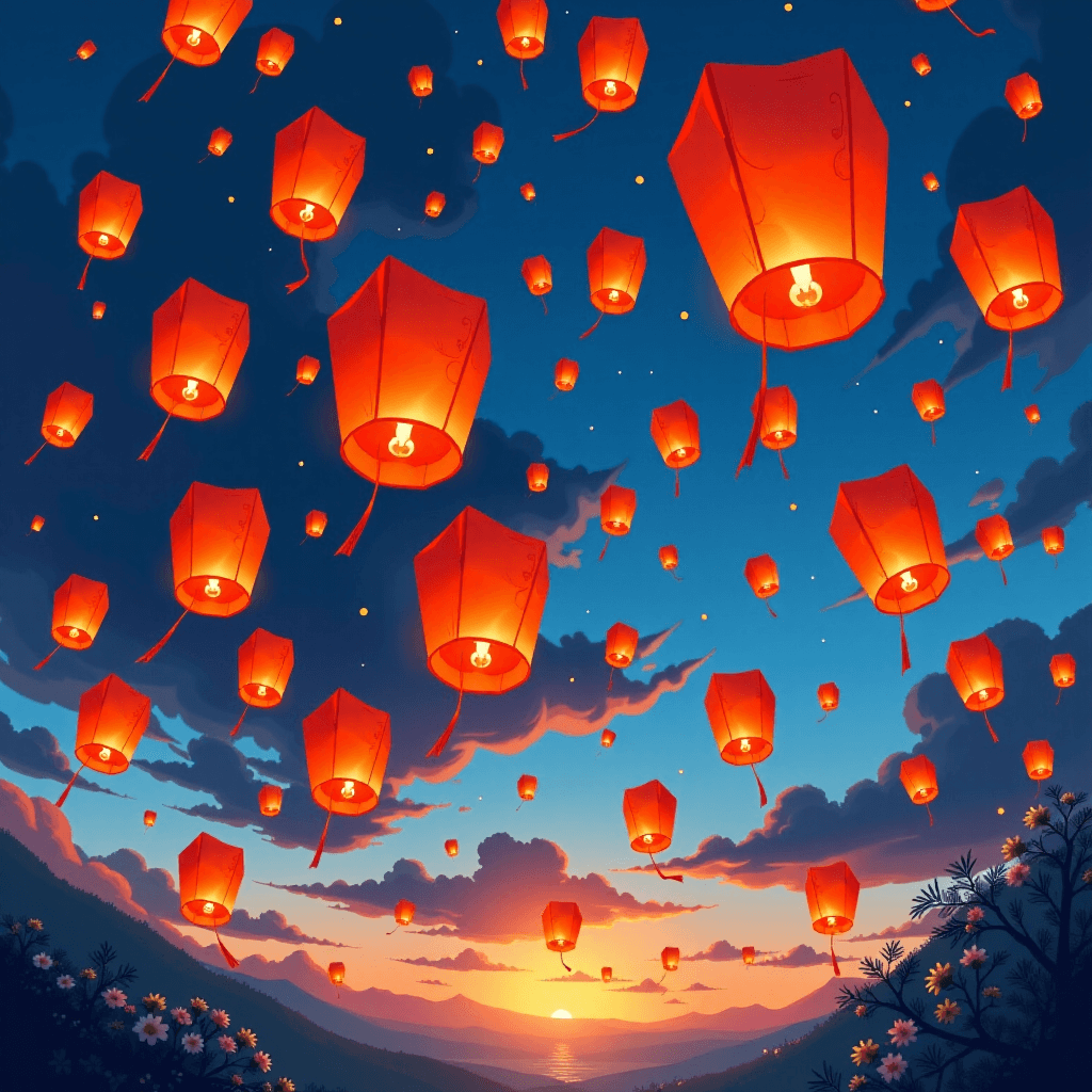 AI generated: "Yi Peng Lantern Festival in Thailand, reimagined with lanterns that carry individual dreams into a ...