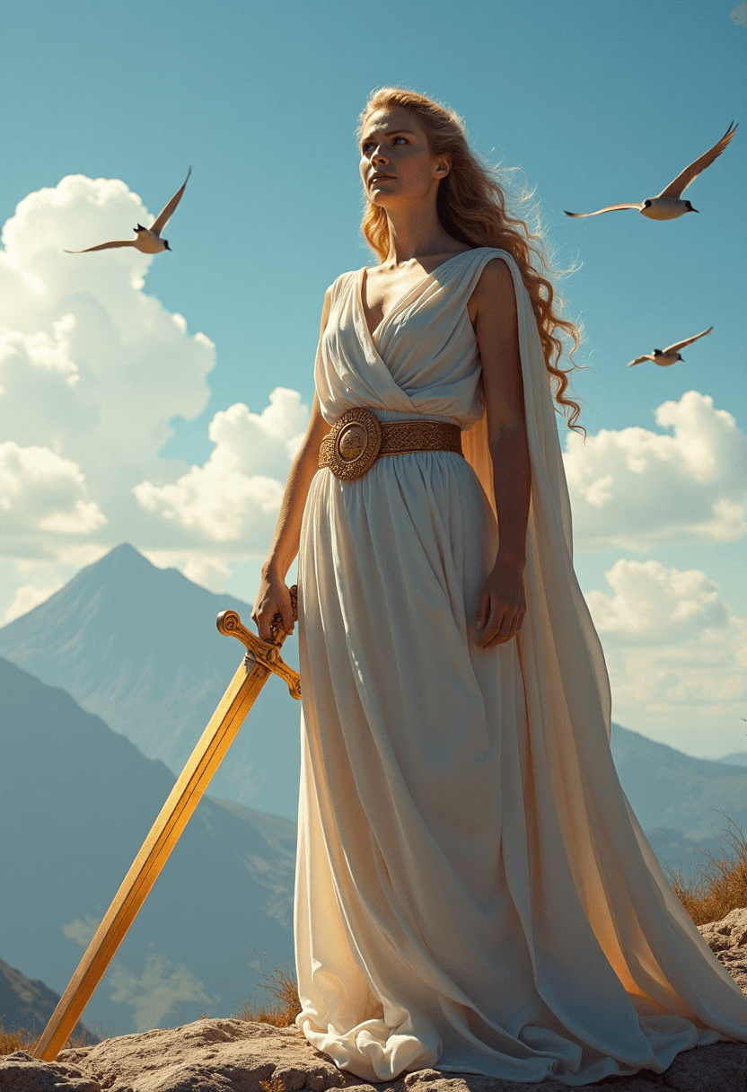 AI generated: Hera, queen of the gods, stands atop the Mount Olympus at mid-day with her hand resting on a golden ...