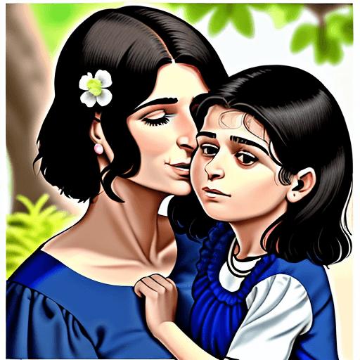 AI generated: Mãe abraçando sua filha. estão no jardim. Mão de 30 anos, cabelo curto e de vestido. filha de 7 anos...