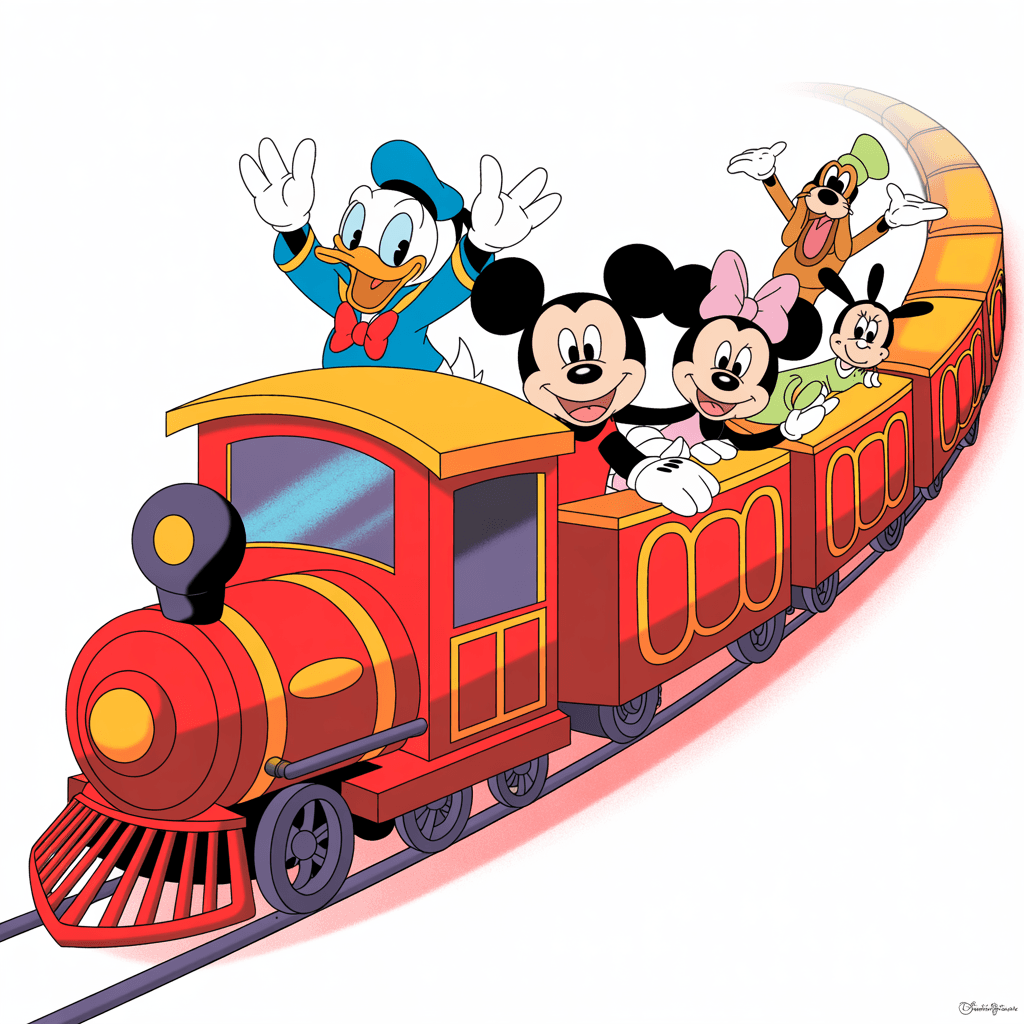 AI generated: dibujos animados de disney,el pato donal, pluto, mickey,minie,  tribillin,  alegres  arriba de un tr...