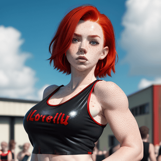 AI generated: RED hair , black tank top, lifting shirt up, RED LATEX DOTTED shorts, standing in public, (highly de...