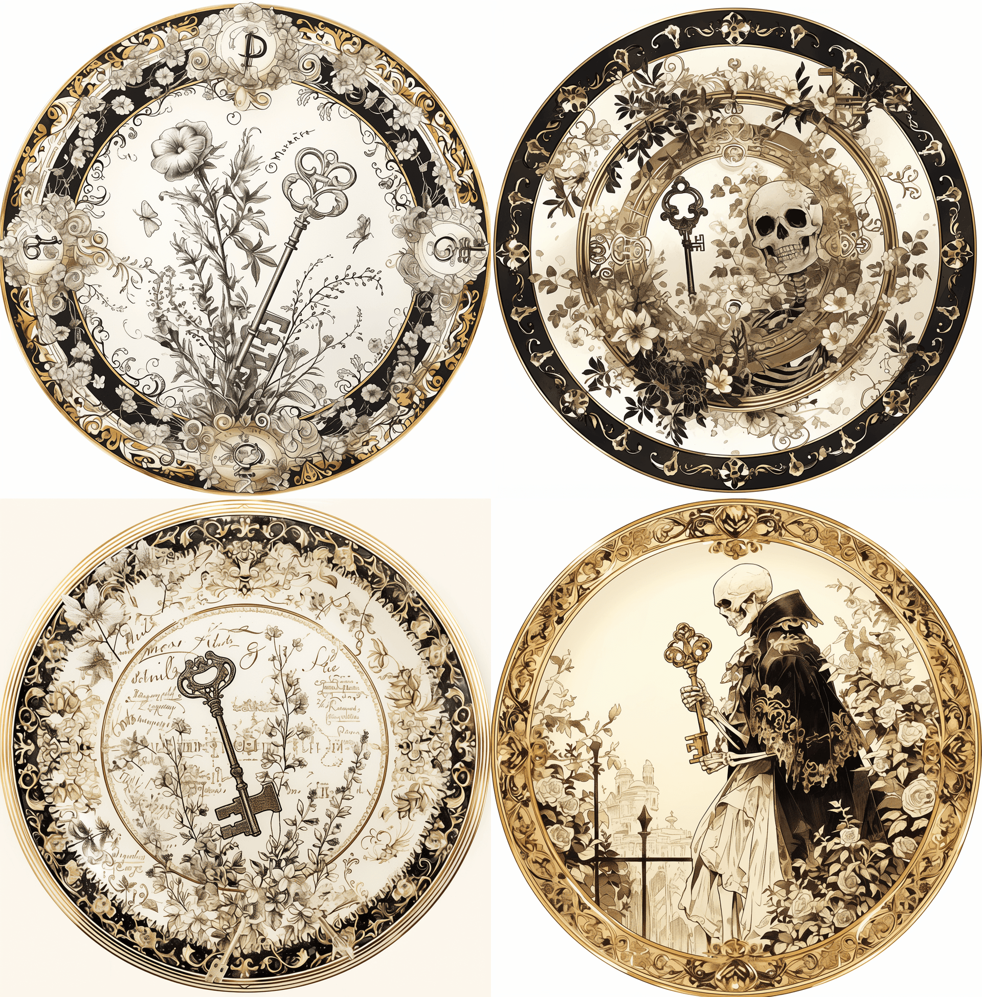 AI generated: round ceramic plate with a white background, a skeleton holding keys design in the style of marcel d...