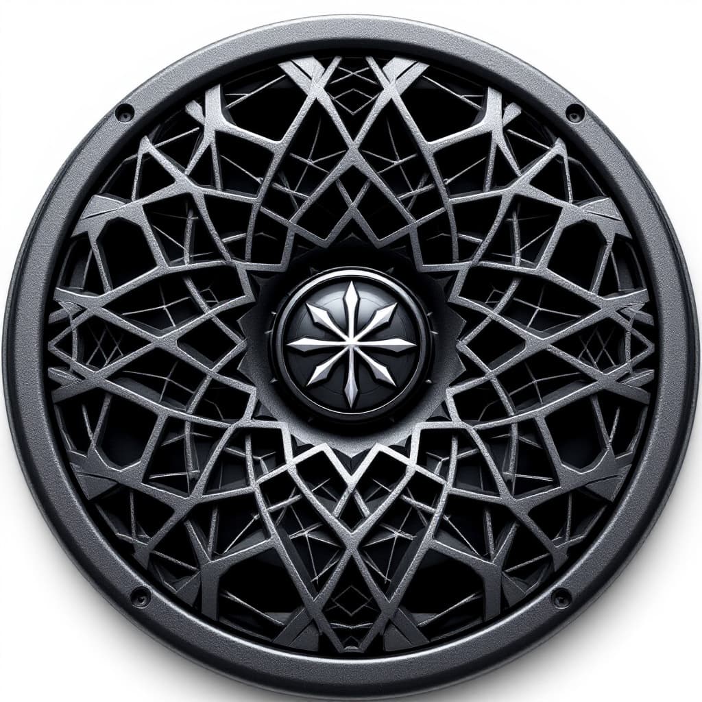 AI generated: A 2-inch circular speaker cover with a unique and intricate grill design. The grill pattern should b...