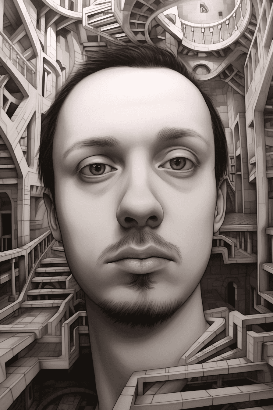 AI generated: pencil-drawn in maurice escher style, high details, masterpiece, 4K, 35mm lens, uplight --ar 6:9 --v...
