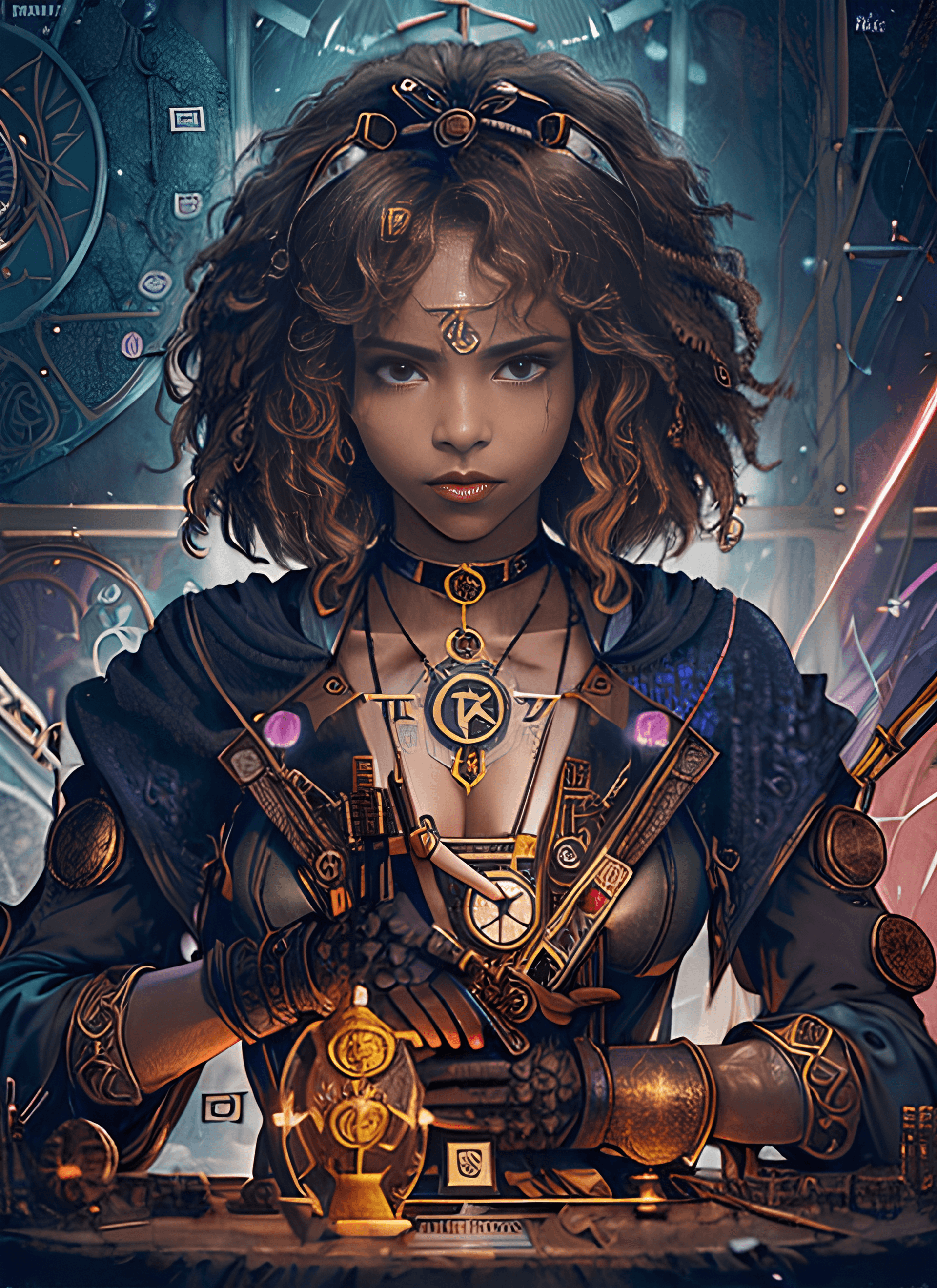 AI generated: (((Tarot card))), Tarot card frame made of cyberpunk clocks, Portrait of a woman holding a gun, very...