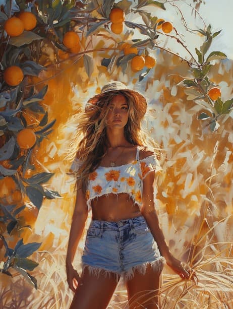 AI generated: Direct sunlight, A beautiful golden haired woman in the sun, beautiful artwork, Contemporary art, Te...