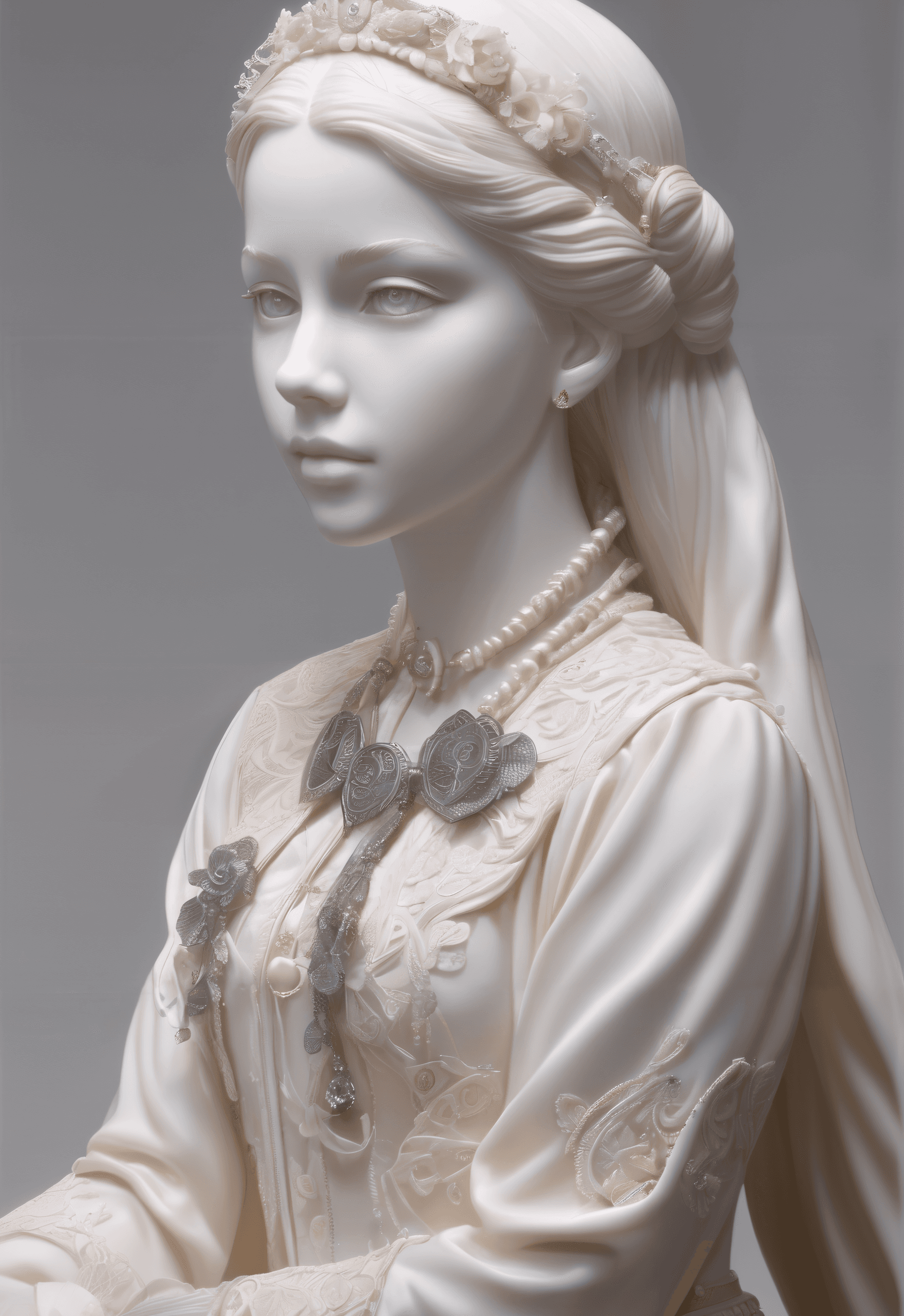 AI generated: breathtaking portrait of a teenage girl, made of ivory, intricate, detailed