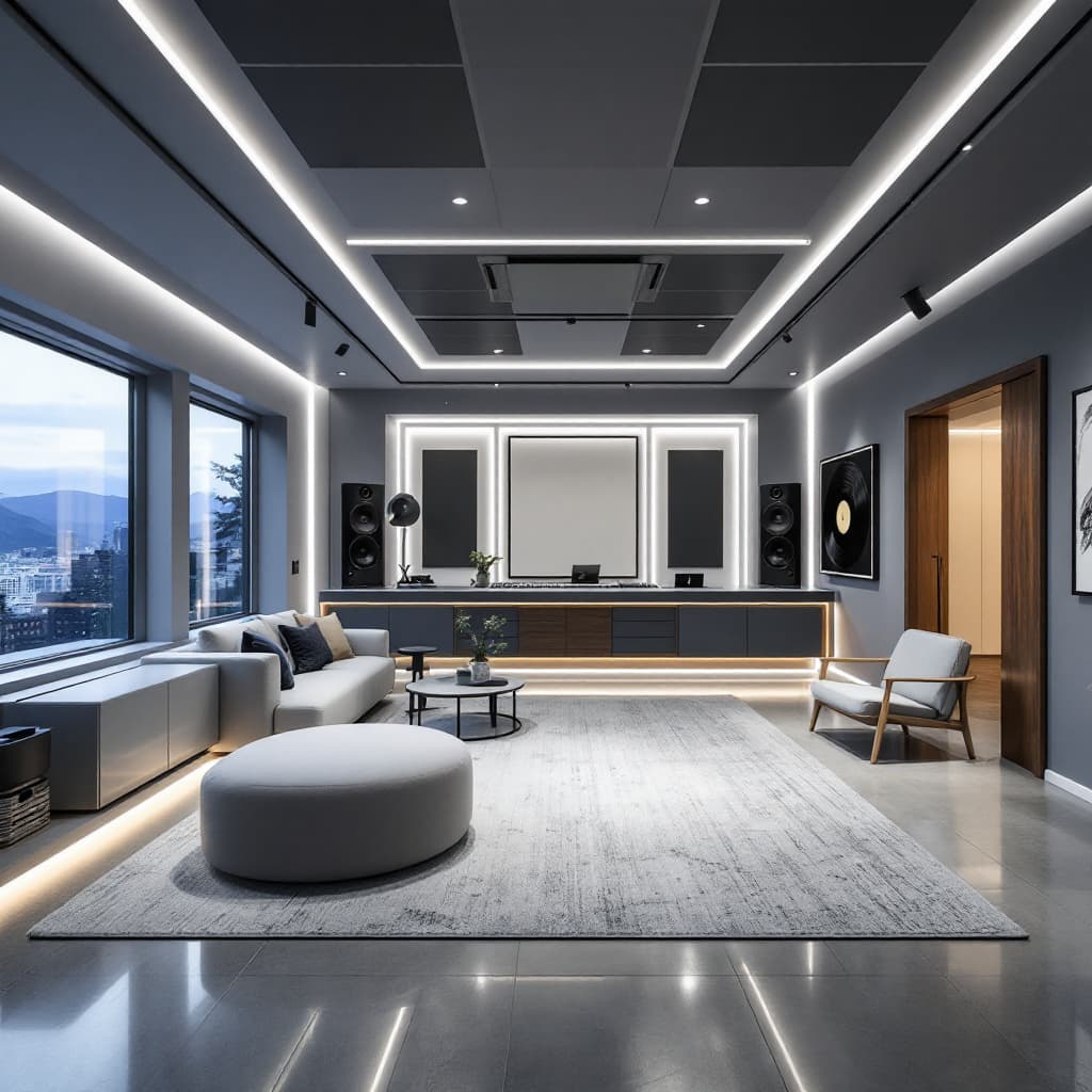 AI generated: the hall of the recording studio, the reception, the room also has sofas and coffee tables, an LED s...