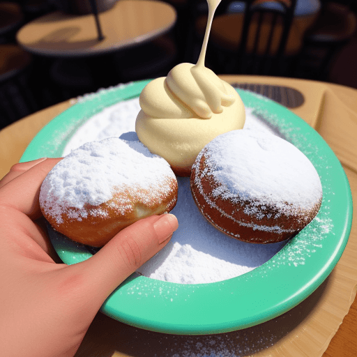 AI generated: mickey beignets at disneyland disney food blog dfb instagram realistic hand photo day delicious outs...
