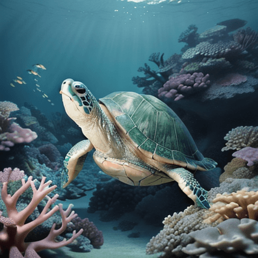 AI generated: Dreamy photo of a ultra realistic, small green dreamy turtle looking at us, a deeper dreamy boat wre...