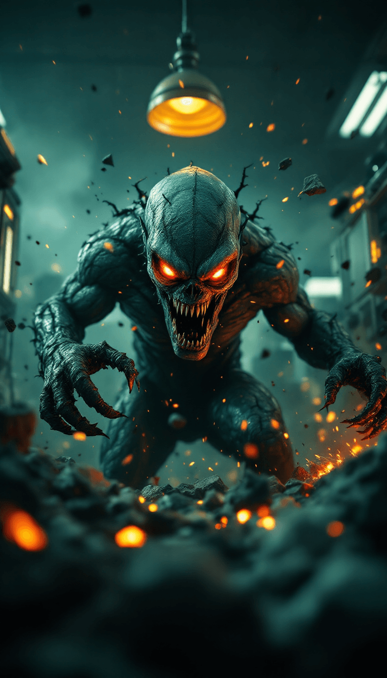 AI generated: terrifying full length shot of an intimidating radioactive atomic monster in a laboratory breaking e...