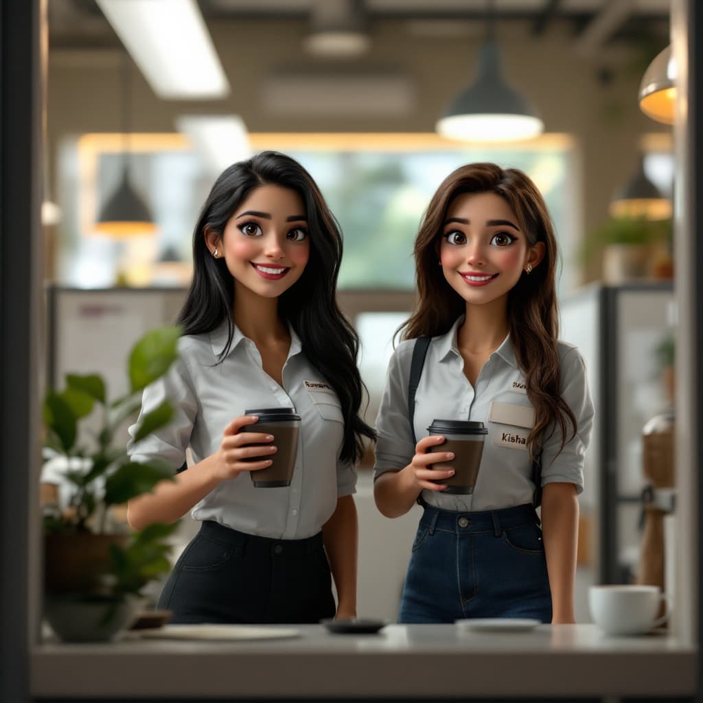 AI generated: two extremely happy, spanish young ladies, the one with long black hair is taller than the other lad...
