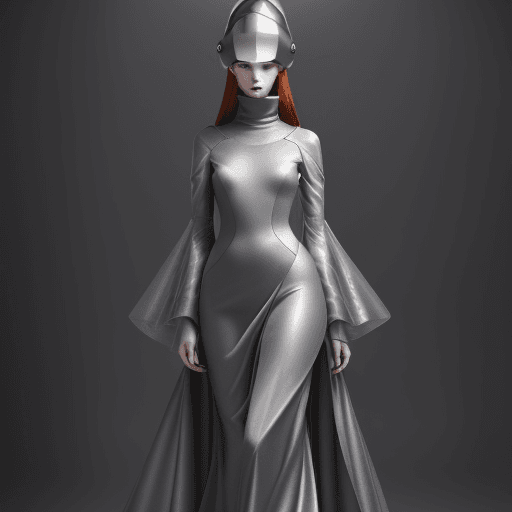 AI generated: A redhead model wearing an avant-garde dress with a futuristic helmet, standing in front of a dark g...
