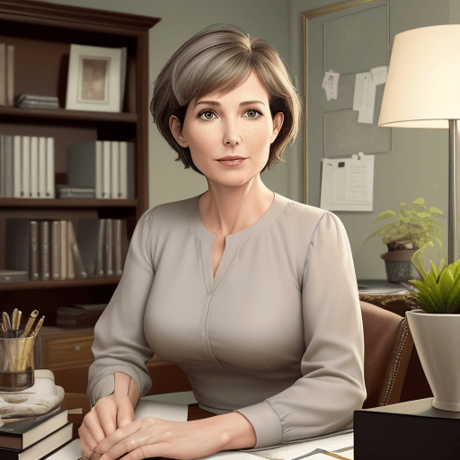 AI generated: hyper realistic photo, elegant 45-year-old woman sitting at her desk in personal office, round face,...