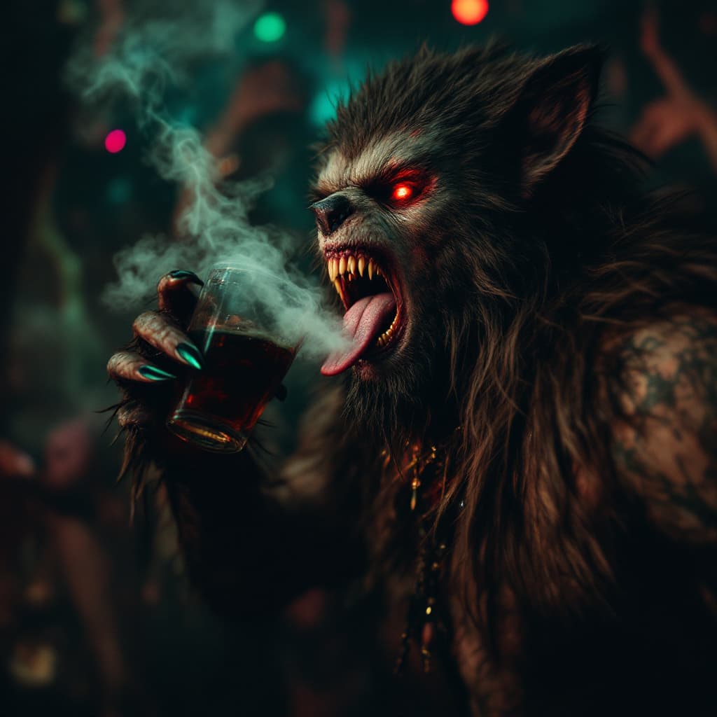 AI generated: Werewolf drinking in a wild party surrounded by other horror fantasy creatures, other horror creatur...