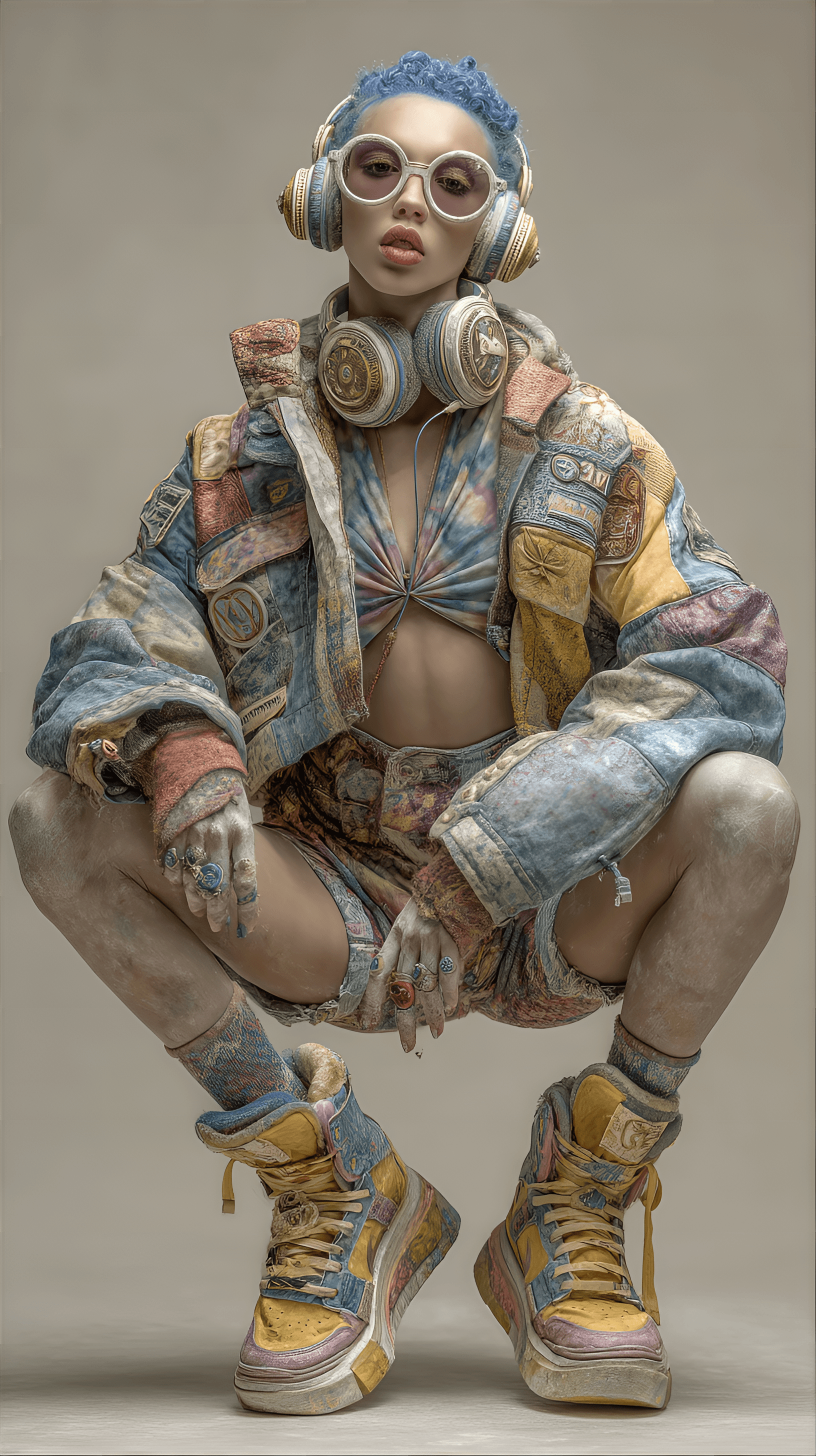 AI generated: a person posing in an eclectic and colorful outfit. They are wearing a vibrant jacket with patches, ...