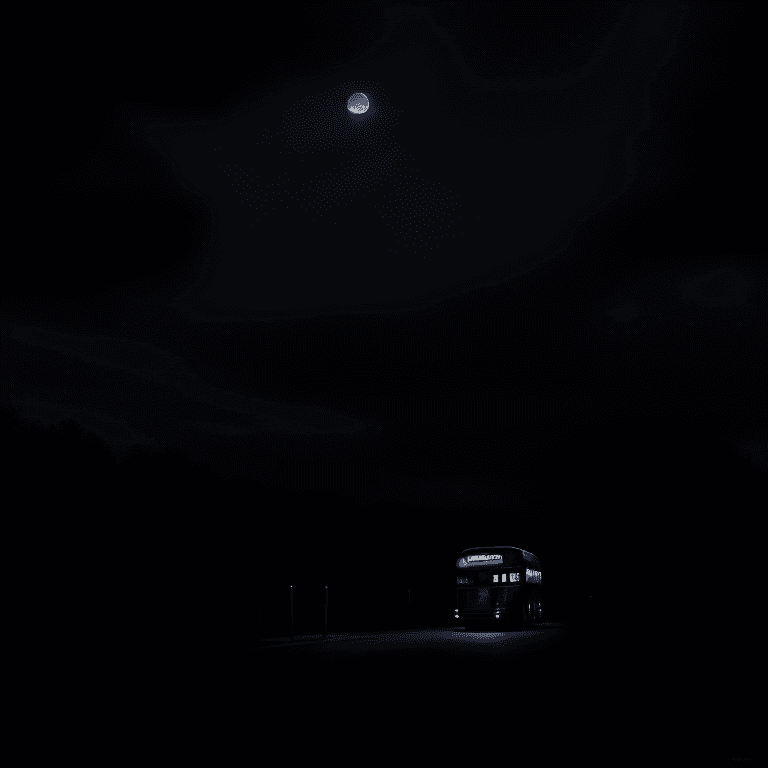 AI generated: the bus is waiting under the moonlight, night sky, depictions of inclement weather, uhd image, stree...