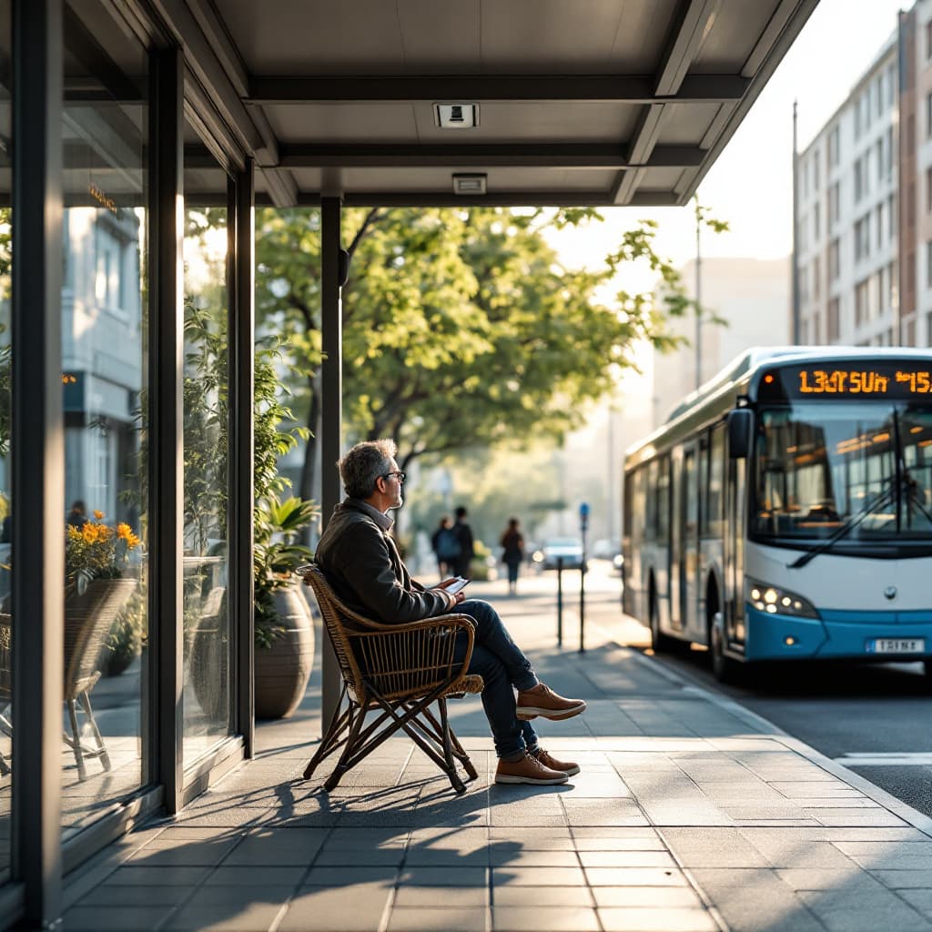 AI generated: A passenger waits for the bus at the patio-type bus stop and feels fresh with the air conditioner wi...