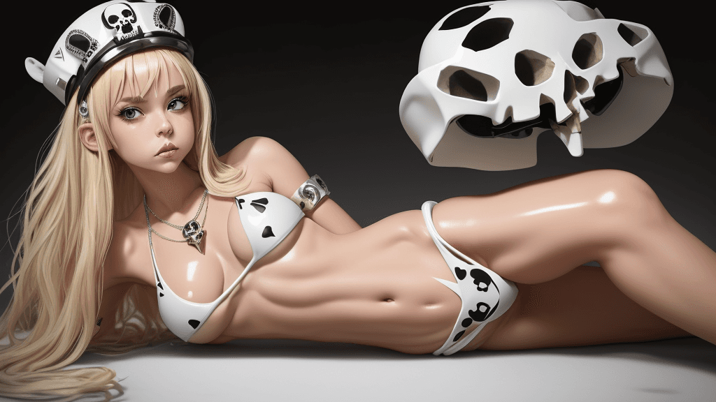AI generated: a flawless girl dressed in a cosplay costume, adorned with an latex hat, is laying on a white platfo...