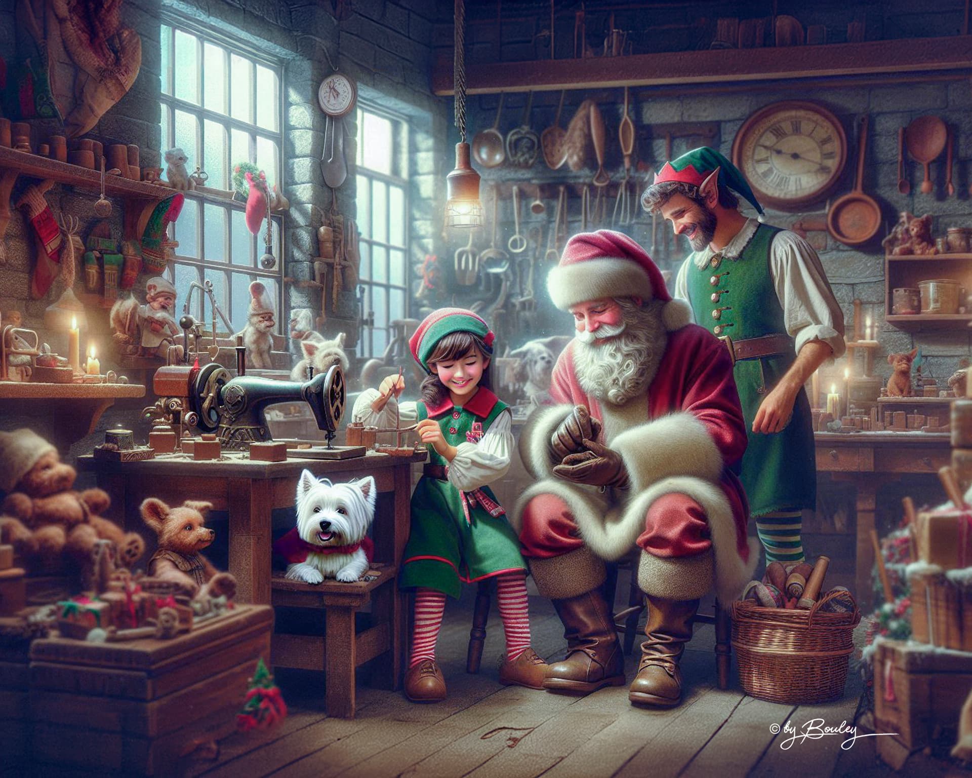 AI generated: Santas workshop, Santa with his elves and a West Highland Terrier dog, in a vintage style workshop, ...
