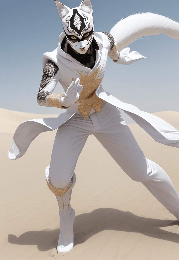 AI generated: A man can be seen running in a very dynamic pose looking at the camera on top of a white sandy dune ...