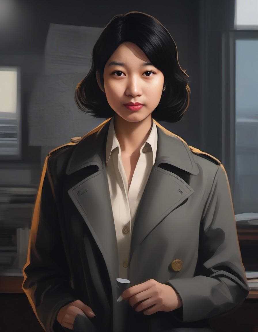 AI generated: a confident woman detective with a sleek bobbed hairstyle cut and observant brown eyes, wearing a gr...