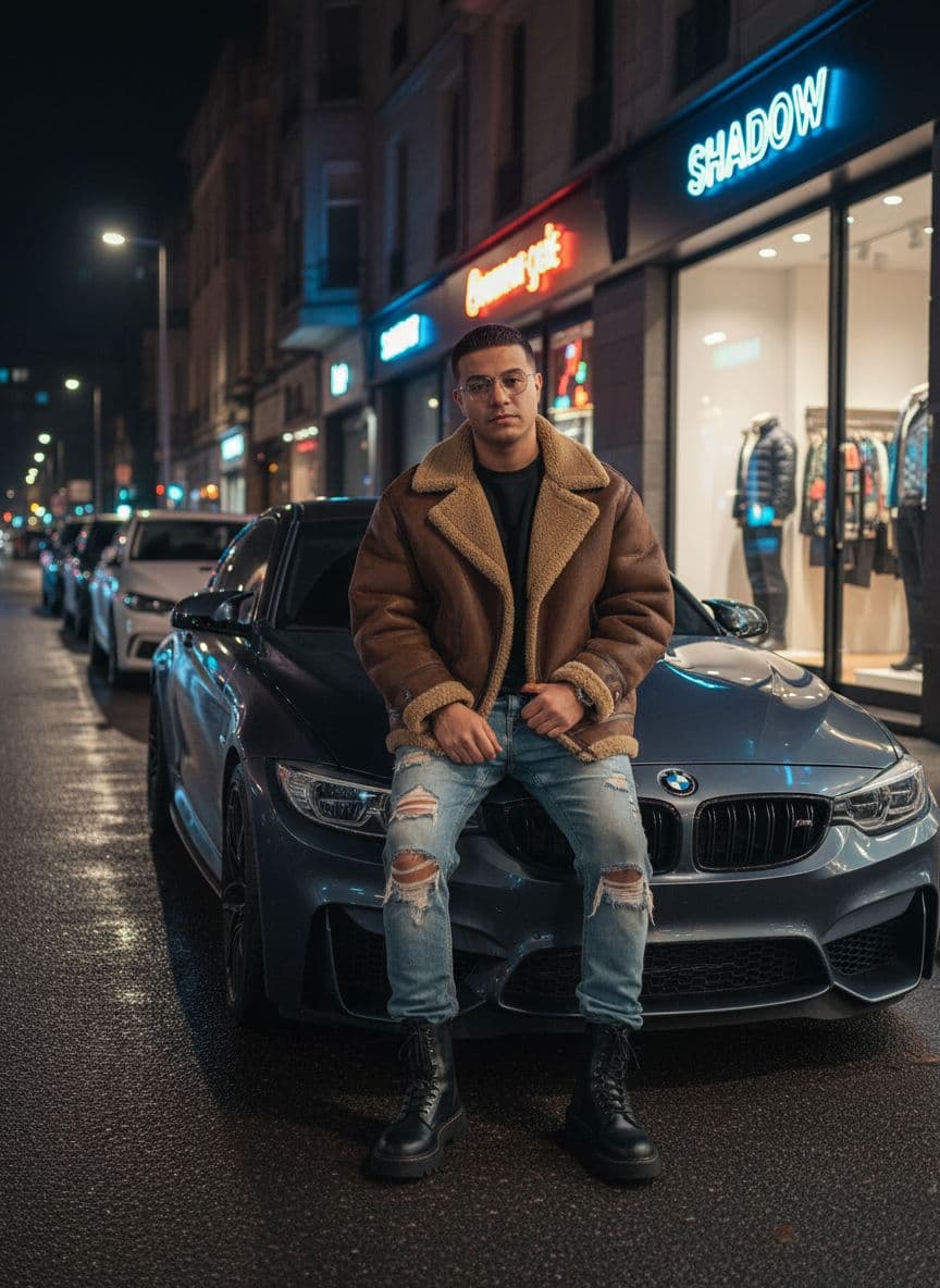AI generated: Male model seated on the hood of a BMW M4 parked next to the Shadow boutique. Wearing an oversized b...