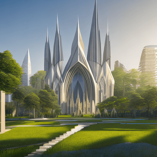 AI generated: Futuristic cathedral exterior, blend of glass and stone, organic curved shapes, soaring spires, surr...