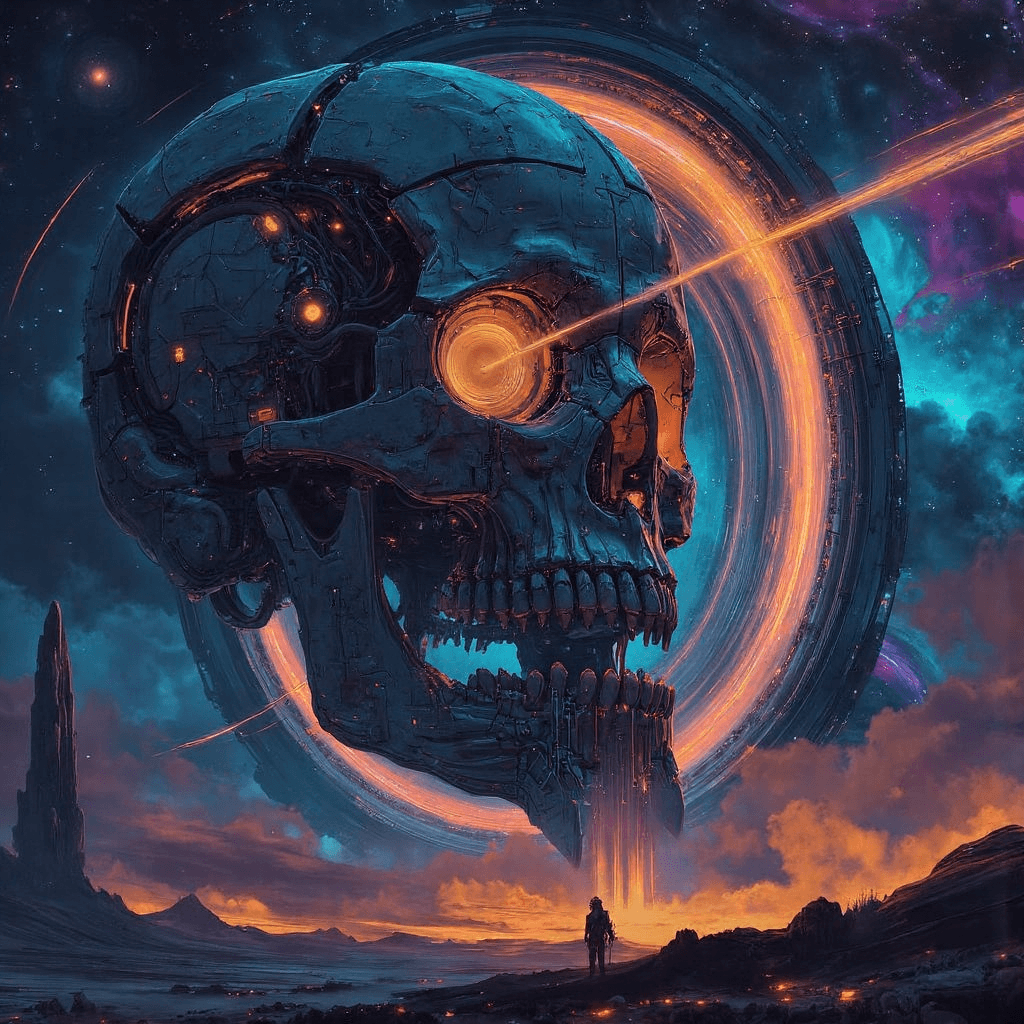 AI generated: A colossal, hyperrealistic skull-shaped mothership looms in the vastness of deep space, its scale un...