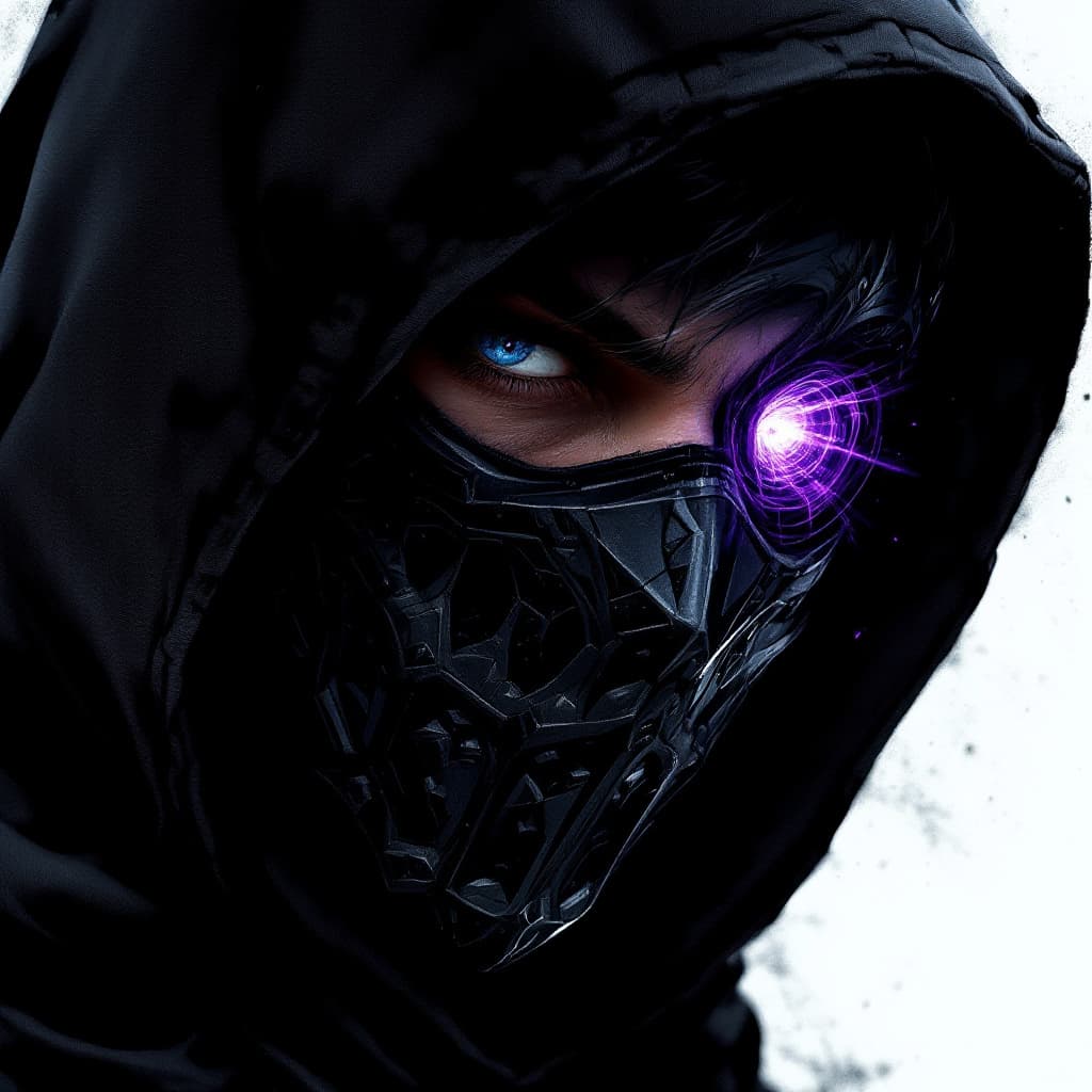 AI generated: Portrait of a male assassin in a fantasy style mask, black and purple energy vortex in one eye
