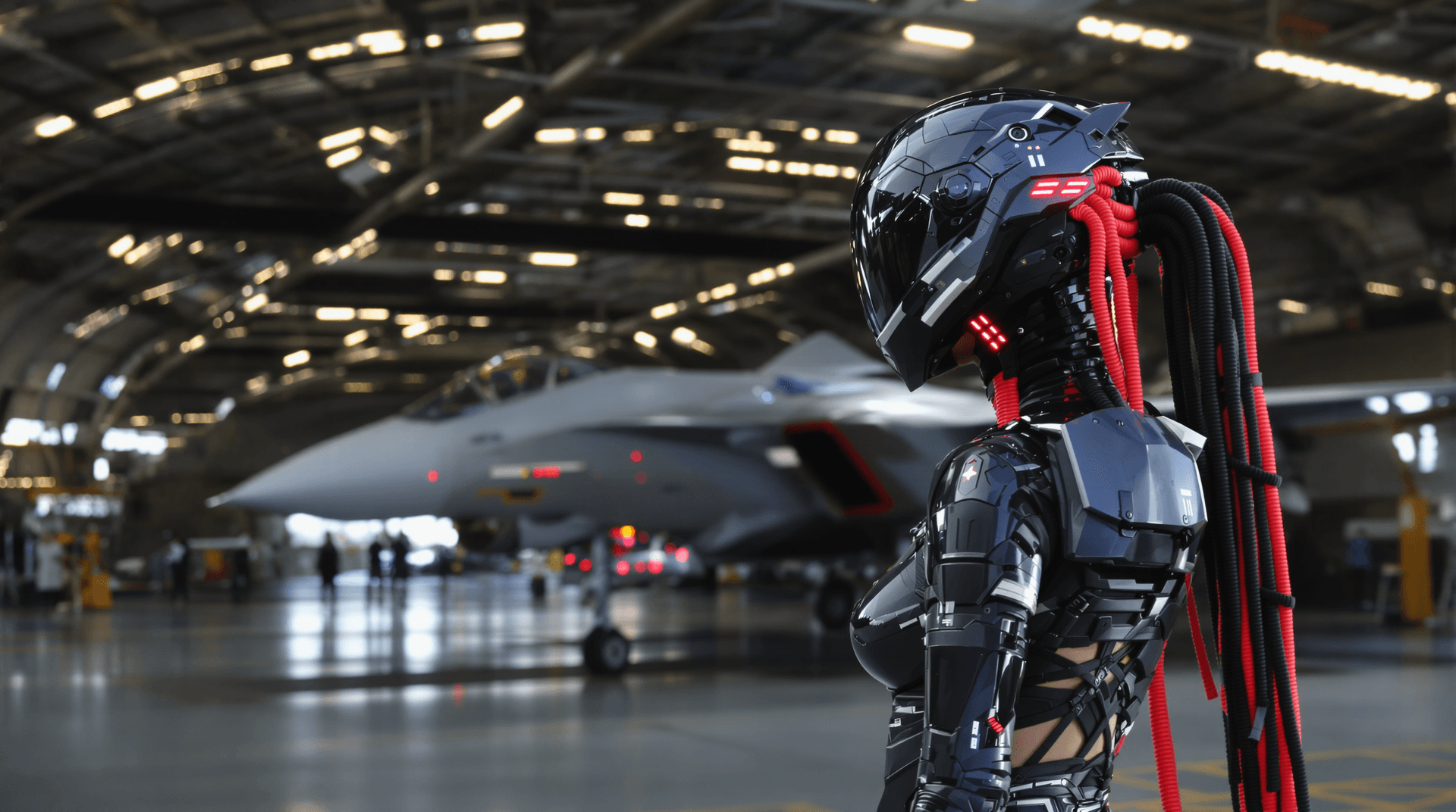 AI generated: A futuristic theam: She's standing outside of a futuristic hangar looking on a futuristic jet fighte...
