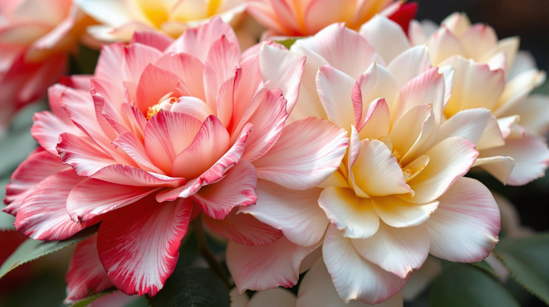 AI generated:  an hybrid 3d fictive flowers,close up,rose x camelia,the flowers are in a gradiation  of white,red ...