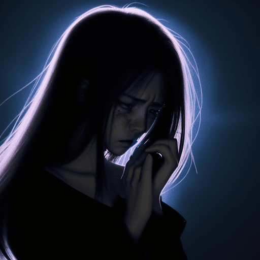 AI generated: Generate an anime-style depiction: a sorrowful woman holds a broken heart amidst a dark, glowing bac...
