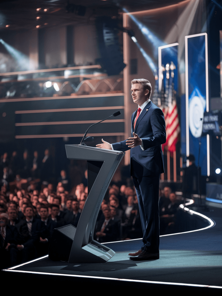 AI generated:  A photo of Barron Trump delivering a powerful speech on a grand stage. He is a tall young man with ...