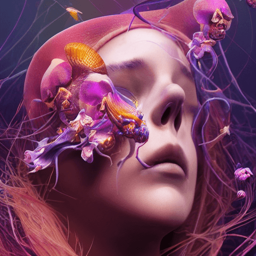 AI generated: goddess close-up portrait ribcagel. jellyfish phoenix head, nautilus, orchid, skull, betta fish, bio...